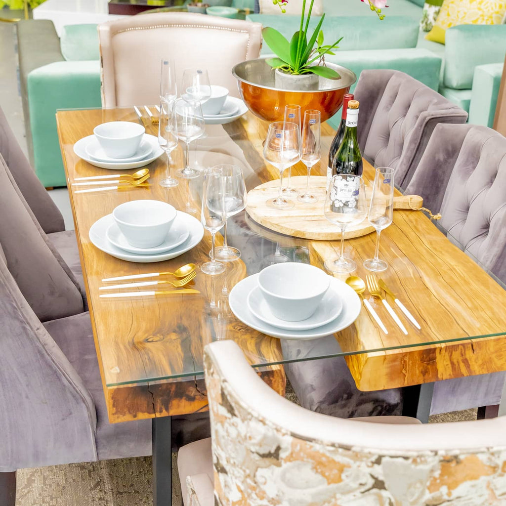 Vivian Dining Table, 6 seater, natural wood and glass